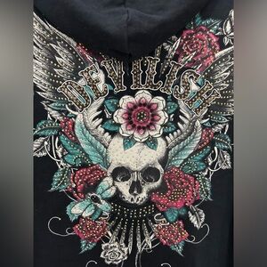 Devilish Liberty Wear Biker Black Rhinestone Skull hoodies emo goth grunge